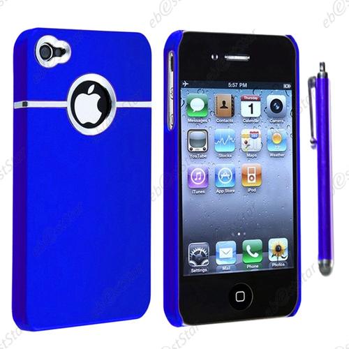 Ebeststar ® Pour Apple Iphone 4s, 4 - Housse Coque Rigide Silver-Line Chromé + Stylet, Couleur Bleu