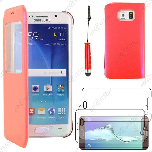 Ebeststar ® Pour Samsung Galaxy S6 Edge Sm-G925f G925 - Housse Coque Etui Style View Portefeuille + Mini Stylet + 3 Film Écran, Couleur Rouge