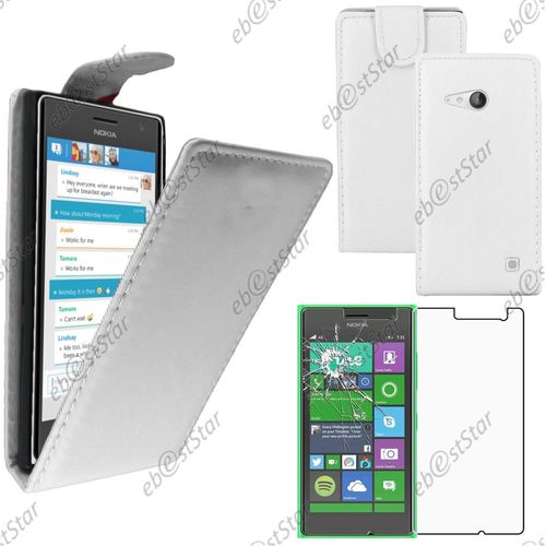 Ebeststar ® Pour Nokia Lumia 735 730 Dual - Housse Coque Etui Simili Cuir À Rabat Vertical + 1 Verre Trempé, Couleur Blanc