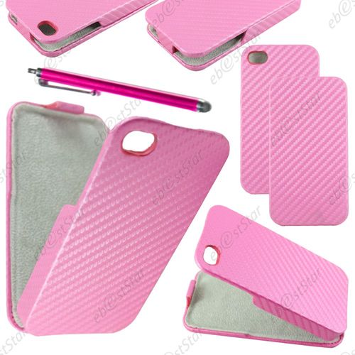 Ebeststar ® Pour Apple Iphone 4s, 4 - Housse Coque Etui À Rabat Revêtement Carbone + Stylet, Couleur Rose