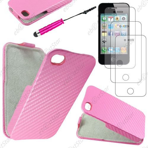 Ebeststar ® Pour Apple Iphone 4s, 4 - Housse Coque Etui À Rabat Revêtement Carbone + Mini Stylet + 3 Film Écran, Couleur Rose