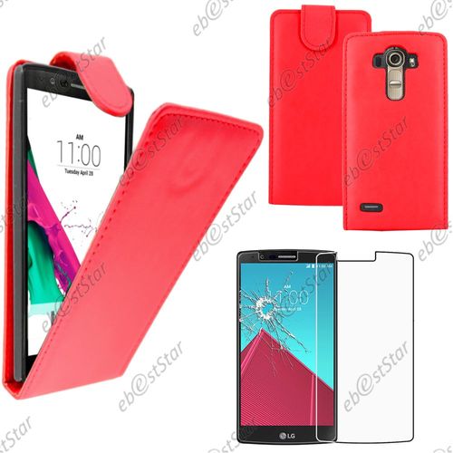 Ebeststar ® Pour Lg G4 H815, G4 Dual-Lte - Housse Coque Etui Simili Cuir À Rabat Vertical + 1 Verre Trempé, Couleur Rouge