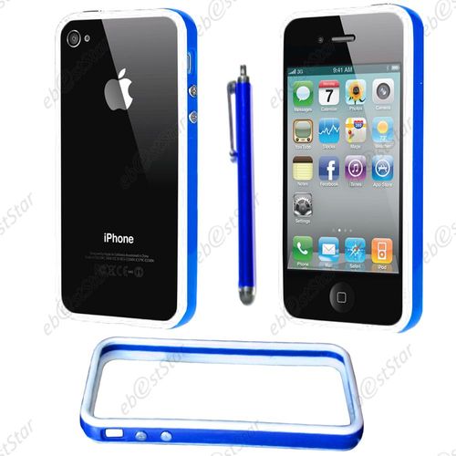 Ebeststar ® Pour Apple Iphone 4s, 4 - Housse Etui Coque Bumper De Protection + Stylet, Couleur Bleu / Blanc
