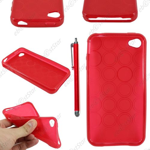 Ebeststar ® Pour Apple Iphone 4s, 4 - Housse Etui Coque Souple Silicone Gel Motif Cercle + Stylet, Couleur Rouge