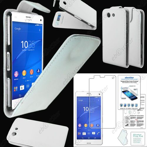 Ebeststar ® Pour Sony Xperia Z3 Compact - Housse Coque Etui Simili Cuir À Rabat Vertical + 1 Verre Trempé, Couleur Blanc