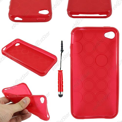 Ebeststar ® Pour Apple Iphone 4s, 4 - Housse Etui Coque Souple Silicone Gel Motif Cercle + Mini Stylet, Couleur Rouge