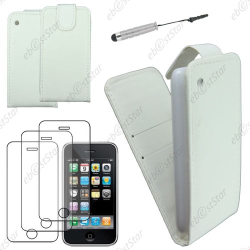 Ebeststar ® Pour Apple Iphone 3gs, 3g - Housse Coque Etui Simili Cuir À Rabat Vertical + Mini Stylet + 3 Film Écran, Couleur Blanc