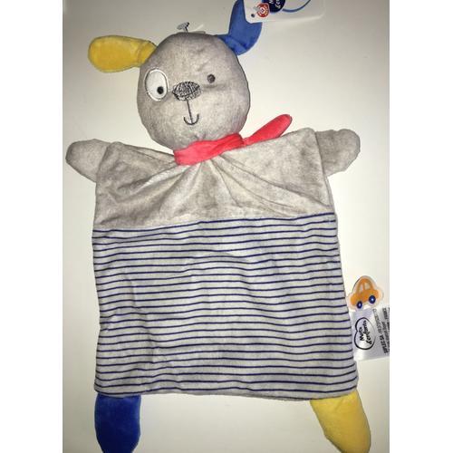 Doudou Lapin Chien Gris Plat Mots D'enfants Oreilles Jaune Bleue Écharpe Rouge Peluche Bébé Naissance 