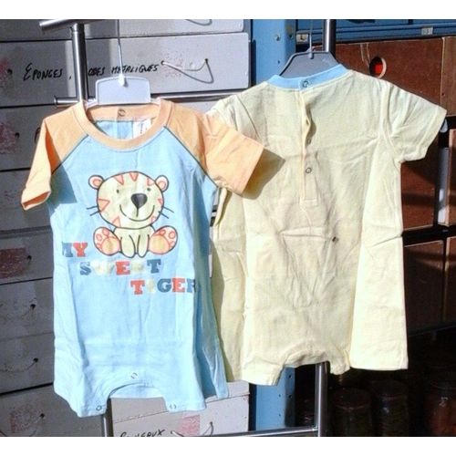 Combinaison Short " Cocoon " Coton T24 Mois Vert Et Jaune Pastel