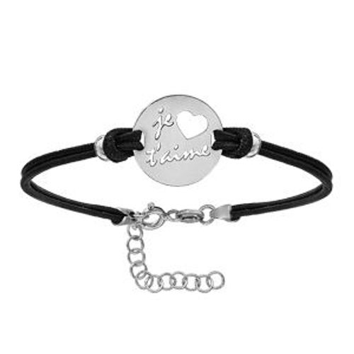 Bracelet Argent Rhodié Cordon Double Noir Interchangeable Rondelle Coeur Motif "Je T'aime" Découpé 14+3cm