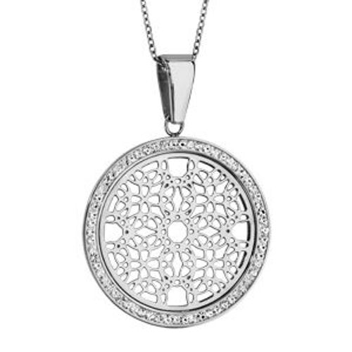 Collier Acier Pendentif Rond Motif Rosace Contours Résine Et Strass Blanc 45+5cm