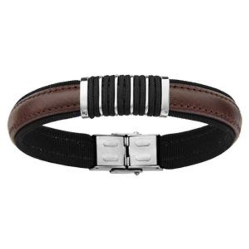 Bracelet Acier Et Cuir Bovin Marron 20cm