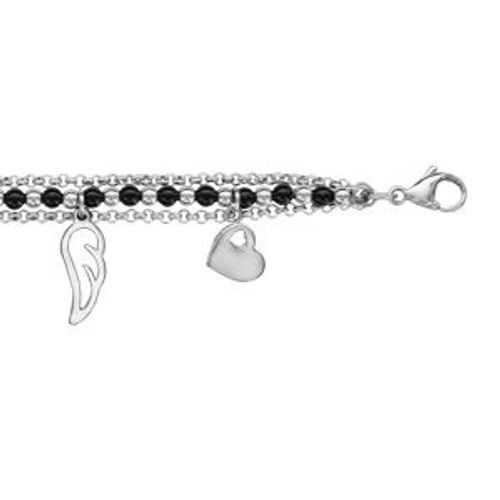 Bracelet Acier Triple Chaînes Avec Boules Perles Noires Pampilles 16+3cm