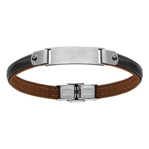 Bracelet Acier Et Cuir Bovin Marron 20cm