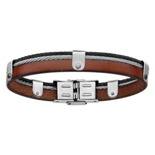 Bracelet Acier Et Cuir Bovin Marron Avec Câble Gris Et Noir 20cm