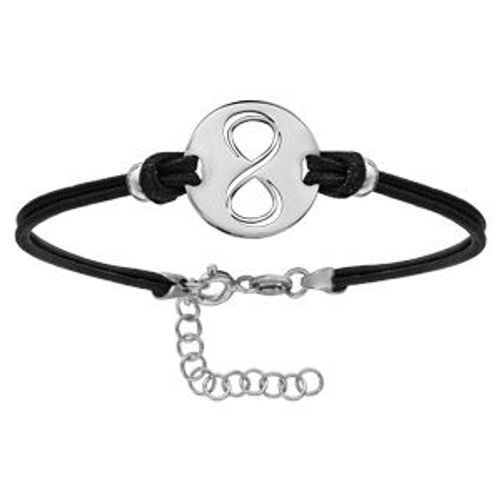 Bracelet Argent Rhodié Cordon Double Noir Interchangeable Rondelle Motif Infini Découpé 14+3cm