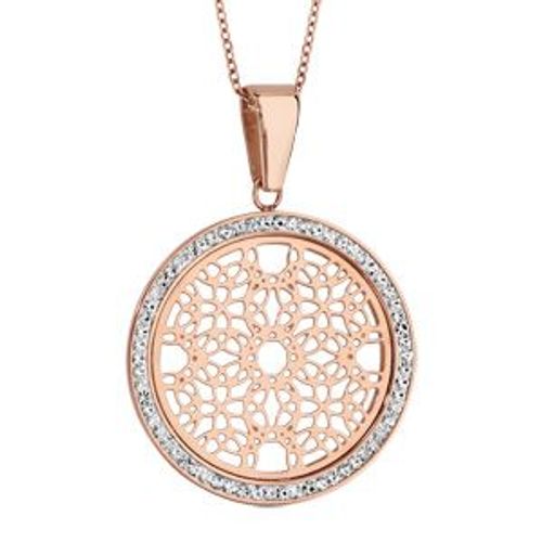 Collier Acier Et Pvd Rose Pendentif Rond Motif Rosace Contours Résine Et Strass Blanc 45+5cm
