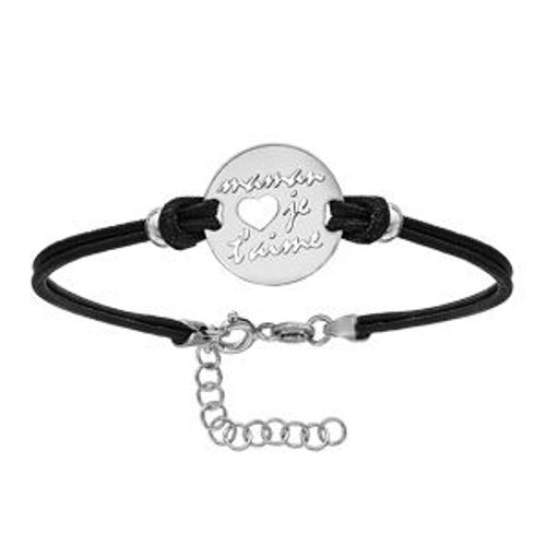 Bracelet Argent Rhodié Cordon Double Noir Interchangeable Rondelle Motif Maman Je T'aime Découpé 14+3cm