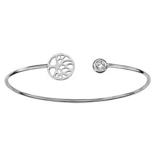 Bracelet Argent Rhodié Jonc Ouvert Oxyde Blanc Serti Et Arbre De Vie