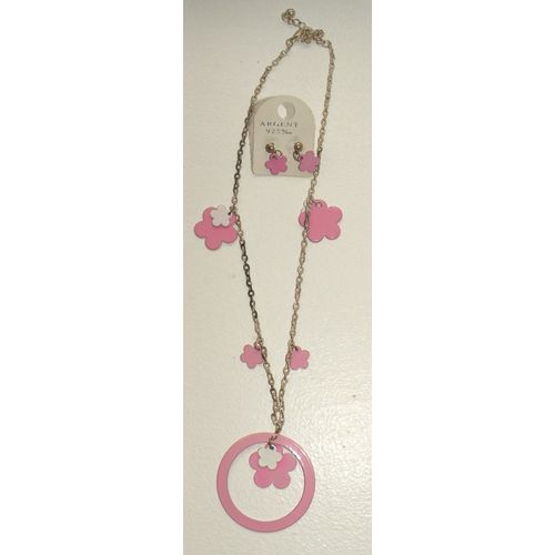 Parure Collier + Boucles Oreilles Fleur Rose Et Blan