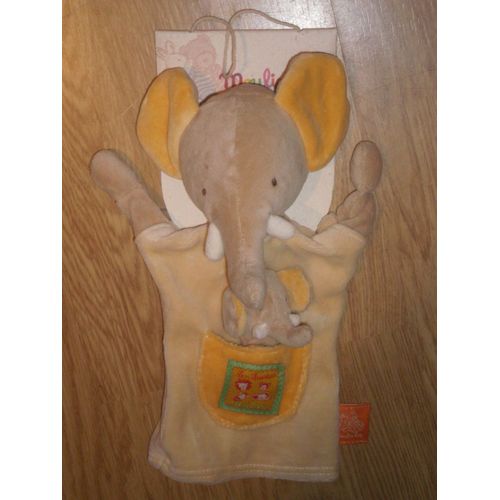 Doudou Peluche Elephant Éléphant Elefant Marionnette Main Poche Avec Bébé Beige Gris Vert Les Loustics Moulin Roty 25 Cm