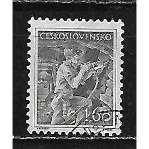 Tchecoslovaquie 1951 : Timbre De Propagande Pour Le Métier De Mineur : Forage De La Mine Par Un Mineur - Timbre Oblitéré
