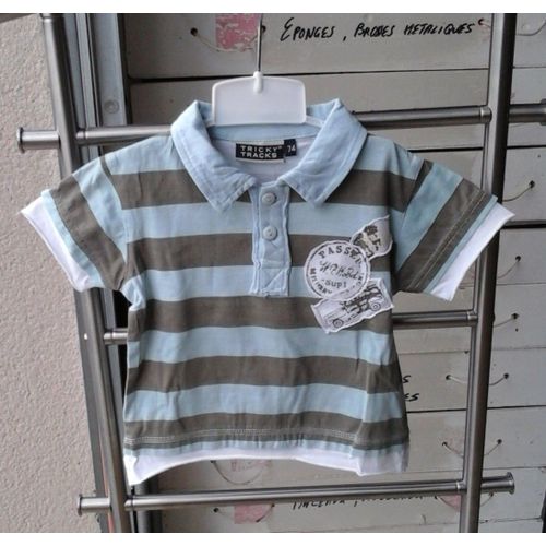 Polo "" Tricky Tracks "" Coton T12 Mois Bleu Clair Et Gris