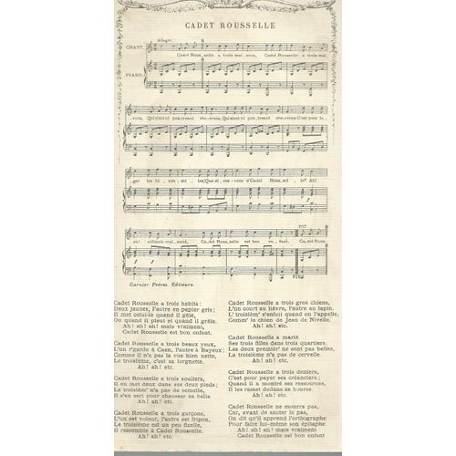 Chanson Cadet Rousselle Paroles chromolithographie " cadet rousselle " ( illustration : Maurice leloin )  édité pour la Cie coloniale imp. des arts iNdustriels ( paris ) - au verso,  une partition et les paroles de la chanson ... | Rakuten