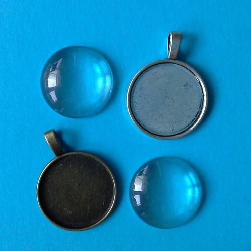 Lot 2 Pendentifs 2 Cabochons En Verre Rond Argent Bronze Sans Nickel Création Bijou 2,8cm