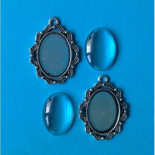 Lot 2 Pendentifs 2 Cabochons En Verre Ovale Argenté Pour Création Bijou 4x3cm Sans Nickel 