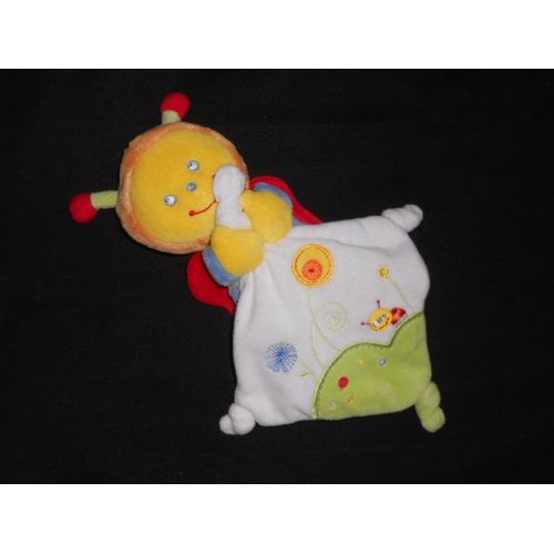 Doudou Peluche Abeille Papillon Jaune Bleu Rouge Orange - Mouchoir Blanc Et Vert  Brodé - Noeud - Pommette