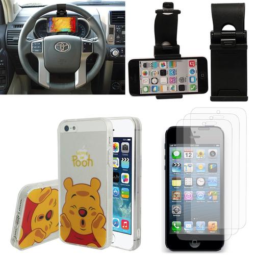 Apple Iphone 5/ 5s/ Se : Lot Accessoires Housse Coque Silicone Tpu Transparente Ultra-Fine Dessin Animé Jolie - Winnie The Pooh + Films Et Support Voiture Attache Volant