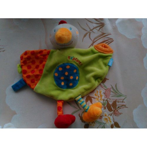 Doudou Plat Oiseau/Poule/Canard Vert Et Orange Babysun