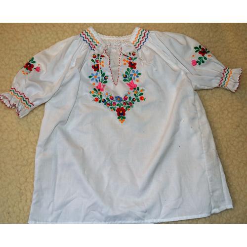 Bustier Fillette Folklorique Haut Brodé Fleurs T-Shirt Blouse Chemise Russie Ukraine Coton 6 - 8 - 10 Ans Blanc Deguisement