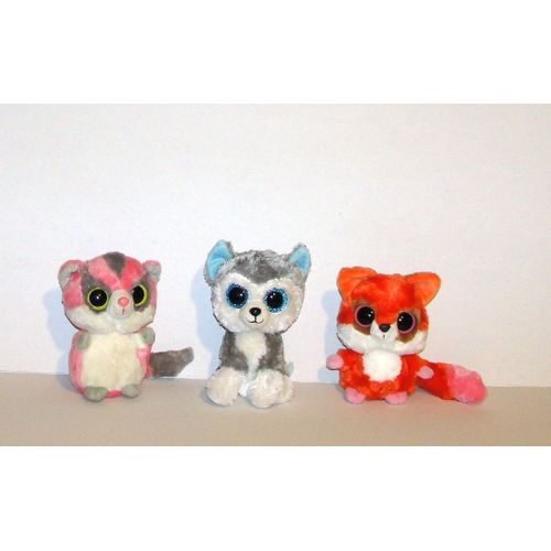 Husky Et 2 Lemuriens Ou Raton Laveur Aux Gros Yeux Tendre Tous Doux Peluche Doudou Aurora 14cm