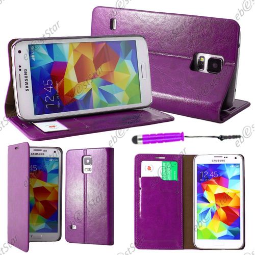 Ebeststar ® Pour Samsung Galaxy S5 G900f Et S5 New G903f Neo - Housse Coque Etui Portefeuille Folio Book Livre Pu Cuir + Mini Stylet, Couleur Violet