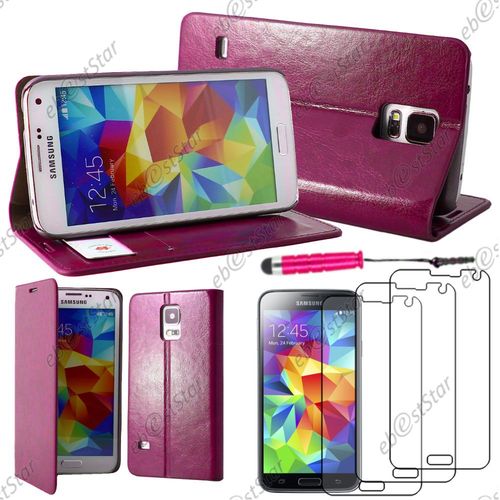 Ebeststar ® Pour Samsung Galaxy S5 G900f Et S5 New G903f Neo - Housse Coque Etui Portefeuille Folio Book Livre Pu Cuir + Mini Stylet + 3 Film Écran, Couleur Rose