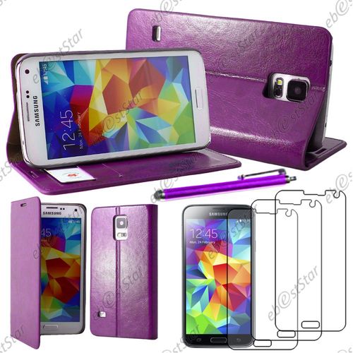 Ebeststar ® Pour Samsung Galaxy S5 G900f Et S5 New G903f Neo - Housse Coque Etui Portefeuille Folio Book Livre Pu Cuir + Stylet + 3 Film Écran, Couleur Violet