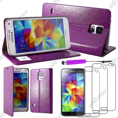 Ebeststar ® Pour Samsung Galaxy S5 G900f Et S5 New G903f Neo - Housse Coque Etui Portefeuille Folio Book Livre Pu Cuir + Mini Stylet + 3 Film Écran, Couleur Violet