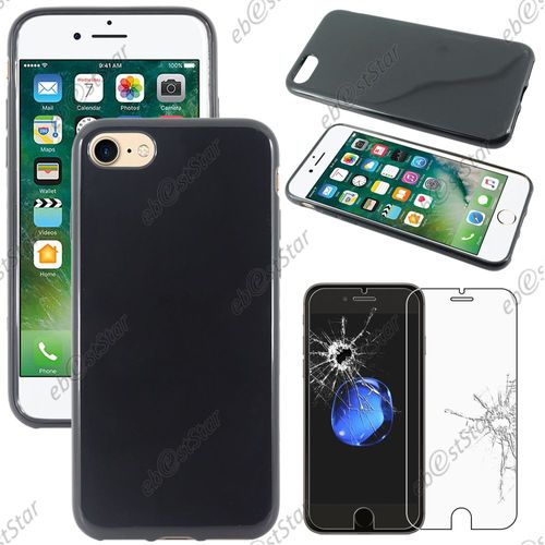 Ebeststar ® Pour Apple Iphone 7 Écran 4,7" - Housse Etui Coque Silicone Gel Souple + Film Protection Écran En Verre Trempé, Couleur Noir