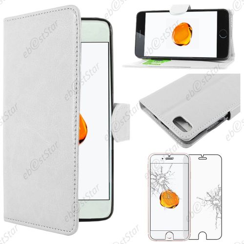 Ebeststar ® Pour Apple Iphone 7 Écran 4,7" - Housse Coque Etui Portefeuille Support Folio Simi Cuir + Film Protection Écran En Verre Trempé, Couleur Blanc