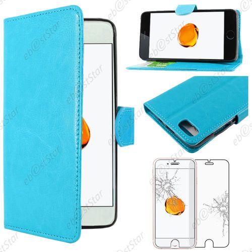 Ebeststar ® Pour Apple Iphone 7 Écran 4,7" - Housse Coque Etui Portefeuille Support Folio Simi Cuir + Film Protection Écran En Verre Trempé, Couleur Bleu