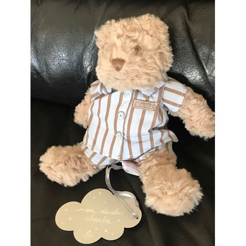 Peluche Doudou Ours Beige Pyjama Bleu Rayures Absorba 22 Cm