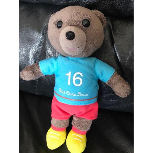 Doudou Peluche Petit Ours Brun Jemini Marron T-Shirt Bleu Numéro 16 , 18cm