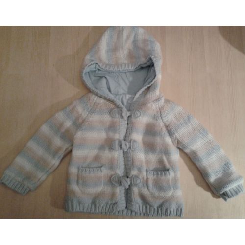 Gilet À Capuche 3 Boutons 2 Poches Tex Baby 80% Coton 20% Laine Taille 9/12 Mois Rayé Bleu Clair Blanc Rose Pâle