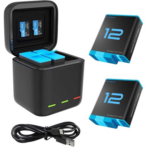 Lot de 3 Batteries et 3 canaux Chargeur Rapide pour GoPro Hero 12 Hero11/10/9 Entièrement Compatible avec Chargeur d'origine Hero 12/11/10/9 et Batteries Chargeur +2 Batteries