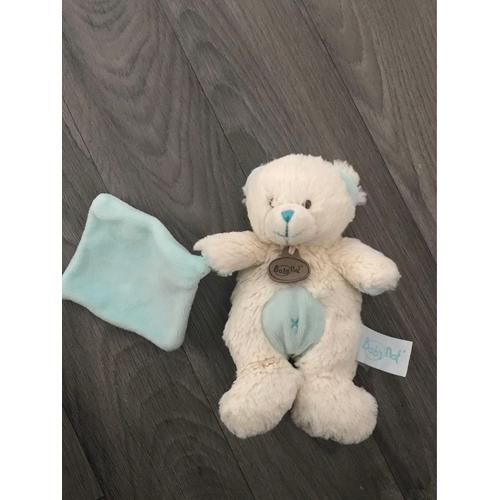 Peluche Ours Bleu Turquoise Et Blanc Avec Mouchoir Baby Nat 20cm Collection 2016