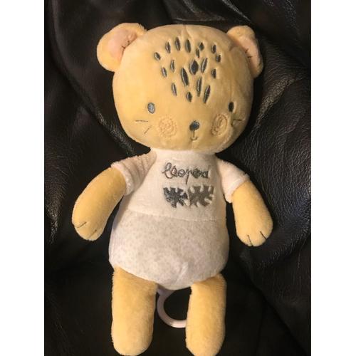 Mots D'enfants Doudou Peluche Leopard Musical Jaune Blanc Gris Broderi 25cm