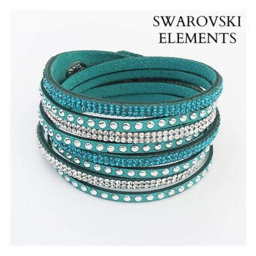 Bracelet  Gourmette Multirangées Cuir Ornée De Swarovski® Elements  Vert Lagon Neuve Pochette Cadeau