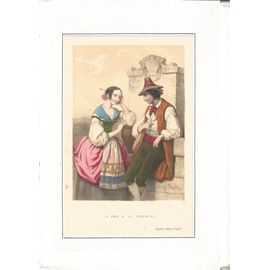 Lithographie En Couleurs Xixème .-"Le Voeu À La Fontaine"